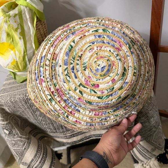 Vintage 90s Adult ONE SIZE Woven Floral Fabric and Straw Sun Hat - Picture 6 of 7